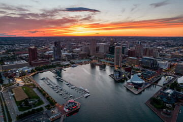 Aerial Drone View of Baltimore City Inner Harbor at Sunset