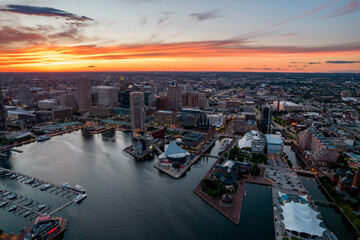 Aerial Drone View of Baltimore City Inner Harbor at Sunset