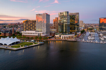 Fototapeta na wymiar Aerial Drone View of Baltimore City Inner Harbor at Sunset