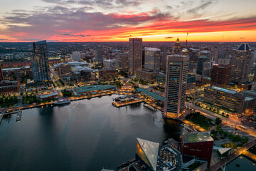 Aerial Drone View of Baltimore City Inner Harbor at Sunset