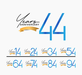 set of anniversary blue color on white background with gold ribbon for celebration moment