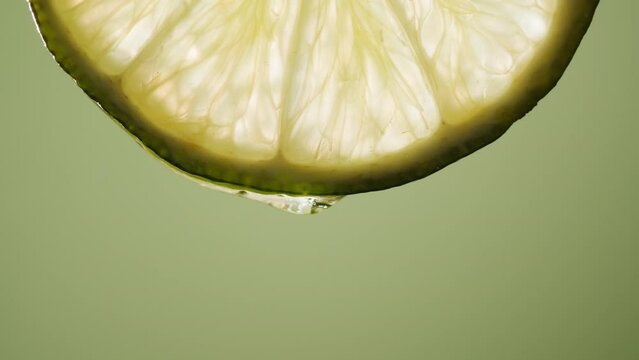 Juicy lime slice on green background. Citrus fruit close-up texture, healthy sweet food. Summer refreshment concept.
