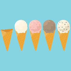 Vector illustration of a waffle cone and four waffle cone ice creams