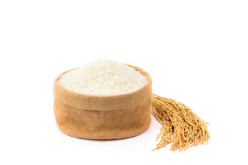 Top view of rice flour, wheat in sacks, and ears of rice isolated on white background.