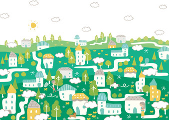 人々が暮らす雲がもくもくのかわいいたのしい街並み © 石原かおり