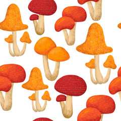 Fototapeta na wymiar Hand drawn seamless pattern with fall autumn mushrooms fungi, wild nature background. Thanksgiving forest wood woodland fabric print in orange red yellow. For textile wallpaper wrapping paper.