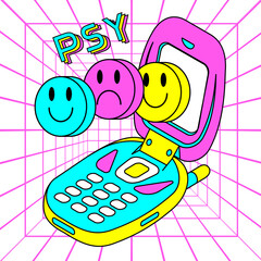 Weird sticker in acid trippy style. Old electronic device with abstract psychedelic elements. Pop 90s style. Editable fluorescent y2k print for tee, streetwear.