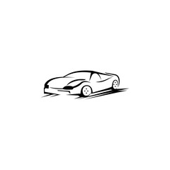 Desain logo mobil gaya otomatis dengan konsep olahraga ikon kendaraan siluet pada latar belakang abu-abu terang. Ilustrasi vektor.
