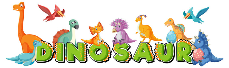 Fototapeta premium Cute dinosaur group with dinosaur word logo