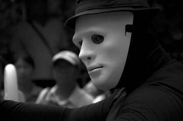 wearing, mask, street performer, street performance