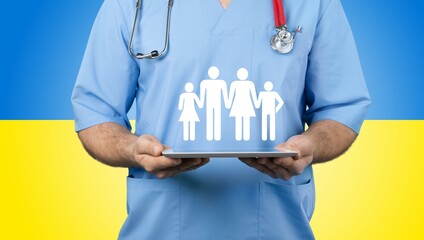 peace and stop the war in Ukraine, medical aid concept, Yellow and blue colors of the flag of...