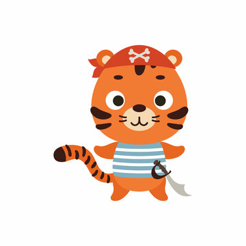 Cute little pirate tiger. Cartoon animal character for kids t-shirts, nursery decoration, baby shower, greeting card, invitation, house interior. Vector stock illustration