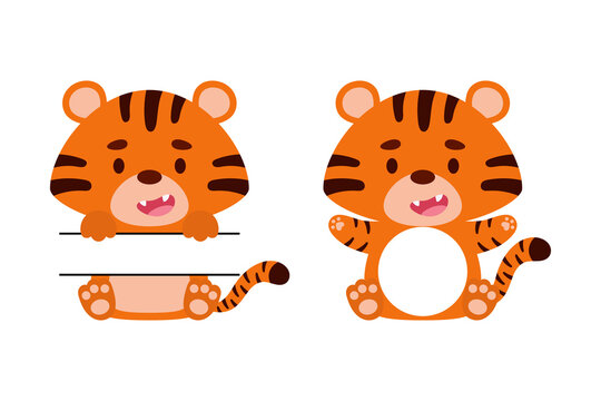 Cute little tiger split monogram. Funny cartoon character for kids t-shirts, nursery decoration, baby shower, greeting cards, invitations, scrapbooking, home decor. Vector stock illustration