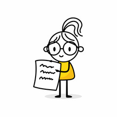 Businesswoman holds a paper sheet on white background. Hand drawn doodle woman. Vector stock illustration