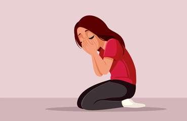 Sad Depressed Unhappy Teen Girl Crying Alone Vector Illustration. Relatives living next to each other fighting over property
