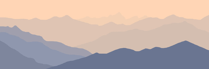 Fototapeta na wymiar Sunrise in the mountains, mountain ranges in the morning haze, panoramic view, vector illustration
