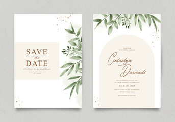 Double sided elegant wedding invitation template with green leaves - obrazy, fototapety, plakaty