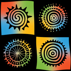 Seamless pattern, multicolor ethnic background, sun symbols, vector design