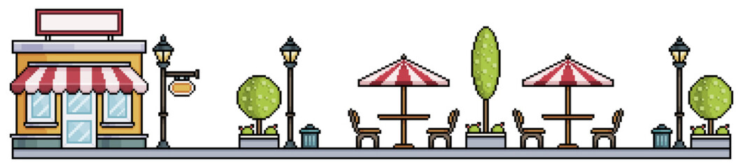 Pixel art urban square with shop park with tree, flowerbeds, benches, tables, pots and trash can Urban landscape. Cityscape background for 8bit game
