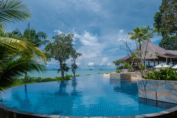 A luxury resort in Thailand with a swimming pool looking out over the ocean of Phangnga Kho Yao...
