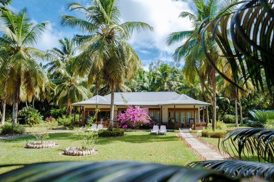 Praslin Seychelles April 2022, Luxury self catering bungalow villa in a tropical garden in Seychelles.