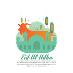 Eid al-adha gift card template. illustration of sheep and mosque with lantern ornament. 
