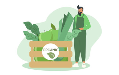 vector illustration in a flat style on the theme of farming, organic local food. Happy farmer and box with green vegetables and fruits