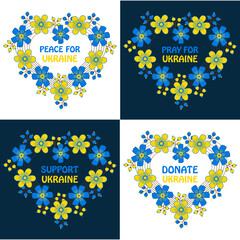 Peace for Ukraine, Pray for Ukraine, Support Ukraine, donate Ukraine, text with Ukraine flag concept. Ukraine flag in heart shape concept vector illustration.
