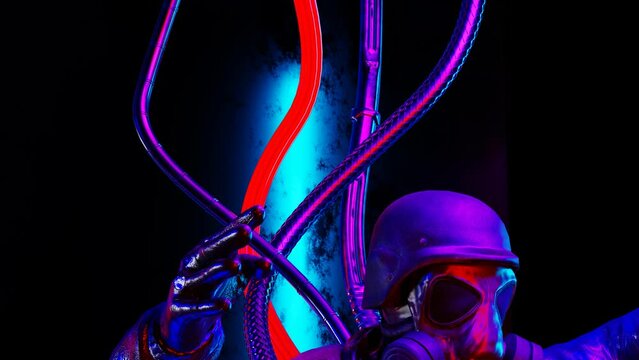 Soaring Bioman in a spacesuit in neon light
