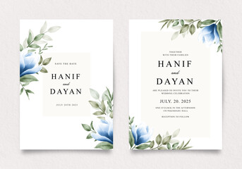 Double sided wedding invitation template with blue flowers and green leaves