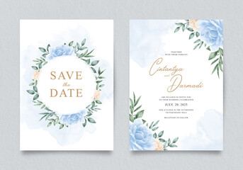 Beautiful wedding invitation template with roses blue