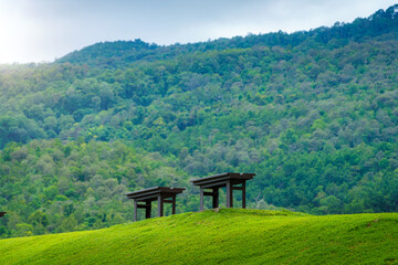 Two chairs on green grass at Park,vivid tone  in nature forest Mountain views spring cloudy sky background with white cloud.