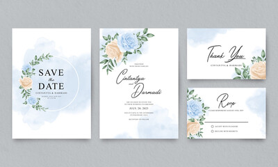 Fototapeta na wymiar Set of wedding invitation templates with blue and yellow roses