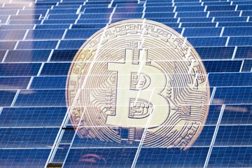 Large solar farms with bitcoins clean renewable energy from the sun, energy bitcoin mining concept