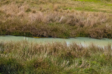 Rural landscape background. river flowing through grass field.