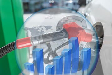 Car with a fuel nozzle and rising chart showing gasoline price increase during energy crisis in the world concept