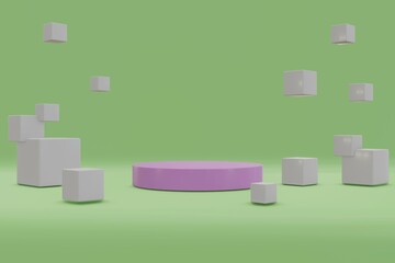 Illustration rendering 3d shape of a circle with an abstract backdrop. Presentation of a cosmetic product. Scene on the wall with minimal elements.