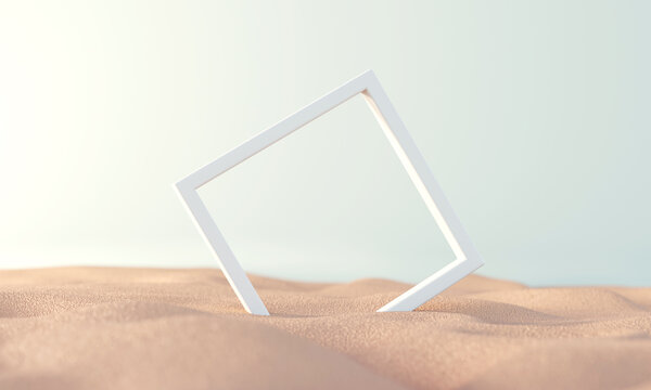 Empty picture frame on the sand beach or desert, Summer tropical background concept. minimal, 3d render.