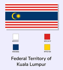 Obraz premium Vector Illustration of Federal Territory of Kuala Lumpur flag isolated on light blue background. Federal Territory of Kuala Lumpur flag with Color Codes. As close as possible to the original.