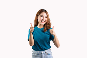 Beautiful Asian woman making various hand gestures with copy space isolated on a white background