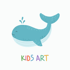 Childish style drawing. Hand drawn colorful cute whale illustration