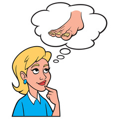 Girl thinking about Nail Fungus - A cartoon illustration of a Girl thinking about Nail Fungus infection.