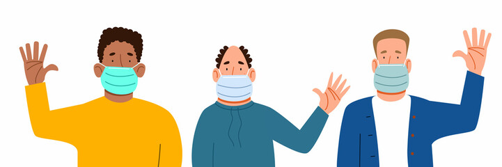 Fashionable men in medical masks say hello. A set of flat vector illustrations with a gesture of greeting people.