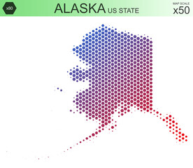 Dotted map of the state of Alaska in the USA, from hexagons, on a scale of 50x50 elements. With smooth edges and a smooth gradient from one color to another on a white background.