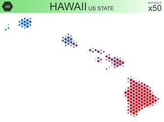 Dotted map of the state of Hawaii in the USA, from hexagons, on a scale of 50x50 elements. With smooth edges and a smooth gradient from one color to another on a white background.