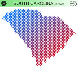 Fototapeta premium Dotted map of the state of South Carolina in the USA, from hexagons, on a scale of 50x50 elements. With smooth edges and a smooth gradient from one color to another on a white background.