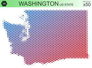 Fototapeta premium Dotted map of the state of Washington in the USA, from hexagons, on a scale of 50x50 elements. With smooth edges and a smooth gradient from one color to another on a white background.