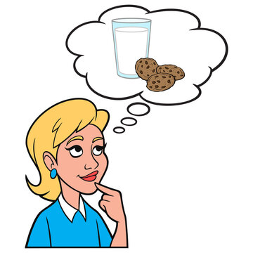 Girl Thinking About Cookies And Milk - A Cartoon Illustration Of A Girl Thinking About Having A Glass Of Milk And Cookies Before Bed.