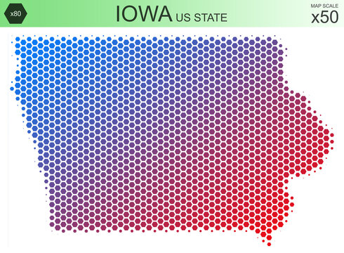 Dotted map of the state of Iowa in the USA, from hexagons, on a scale of 50x50 elements. With smooth edges and a smooth gradient from one color to another on a white background.