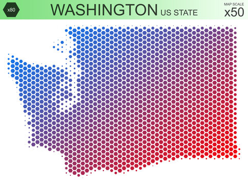 Dotted map of the state of Washington in the USA, from hexagons, on a scale of 50x50 elements. With smooth edges and a smooth gradient from one color to another on a white background.